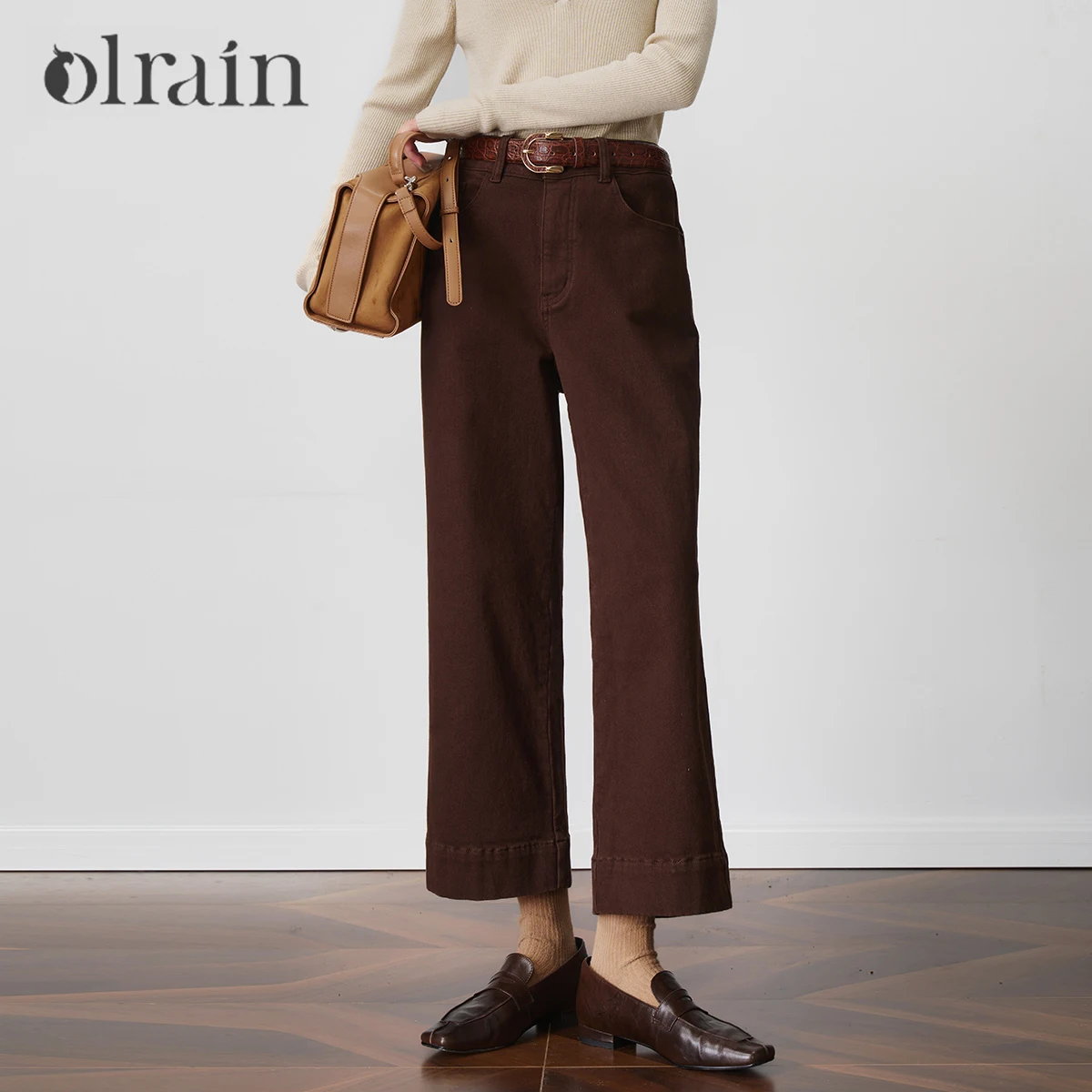 

OLrain женские прямые джинсы 202, осенние однотонные брюки до щиколотки, простые брюки для поездок на работу, элегантная женская одежда O57QA001120