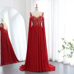 Jancember Beaded Wine Red Chiffon Evening Dress with Cape Sleeve Women for Wedding Dubai Formal Party Gowns LSZ298