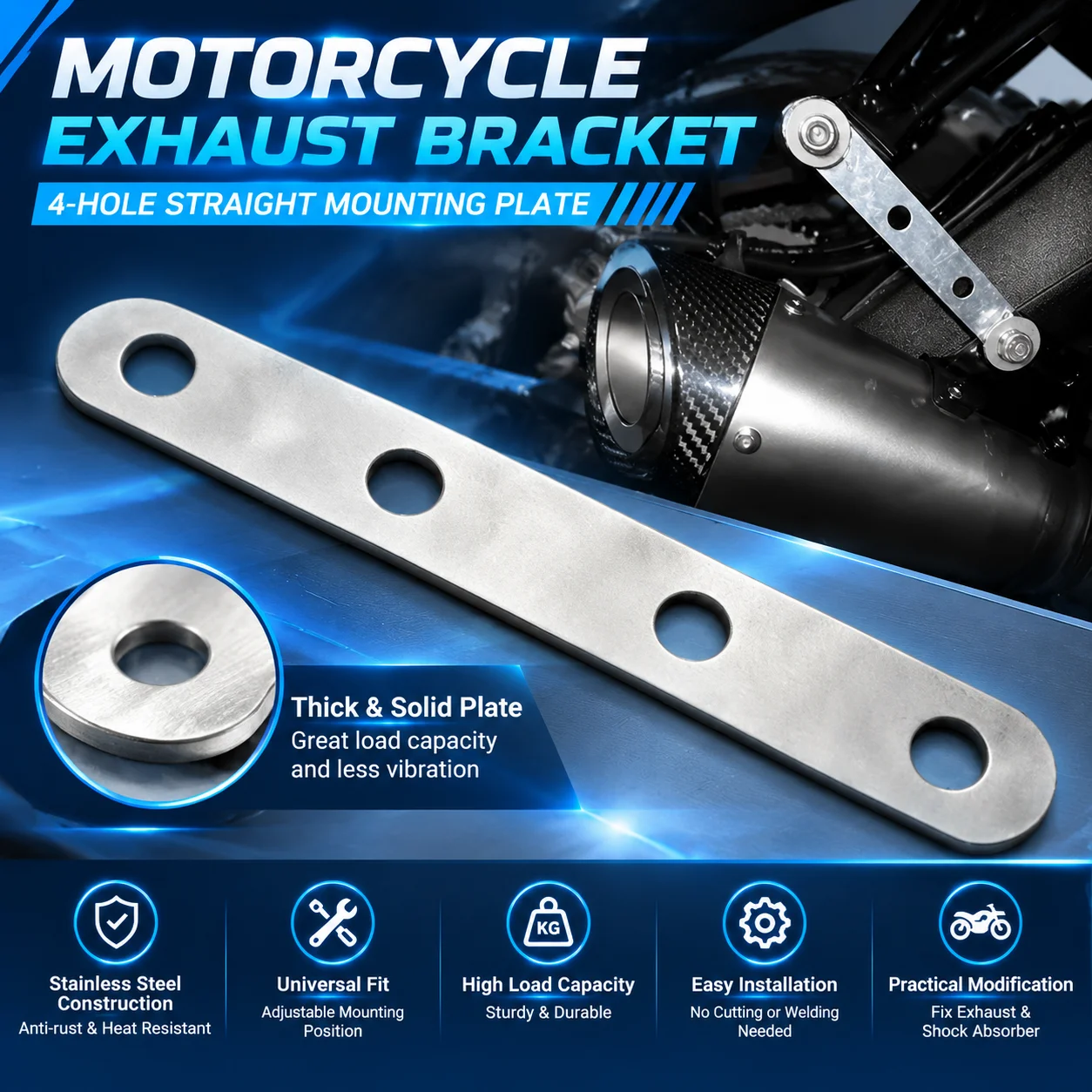 1Pcs Stainless Steel Universal Motorcycle Exhaust Pipe Bracket Fixed Straight four hole Mounting Clamp Long Strip Piece