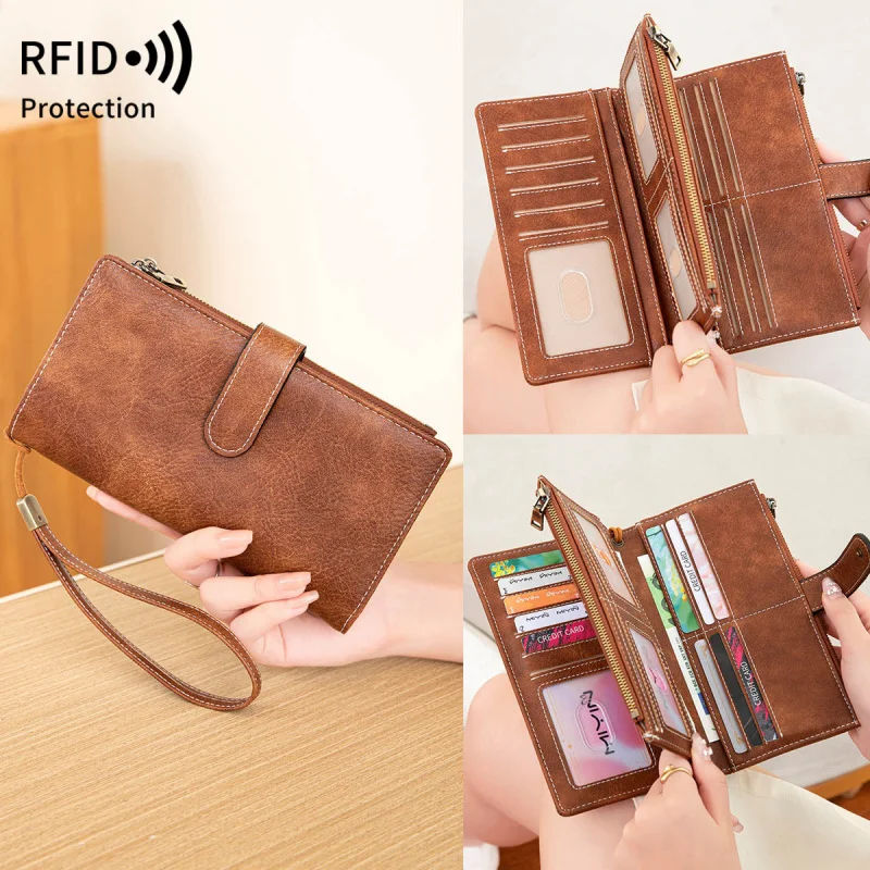 

Западный RFID-блокирующий многофункциональный длинный женский кошелек из искусственной кожи, модный кошелек с тремя флокированными молниями для женщин