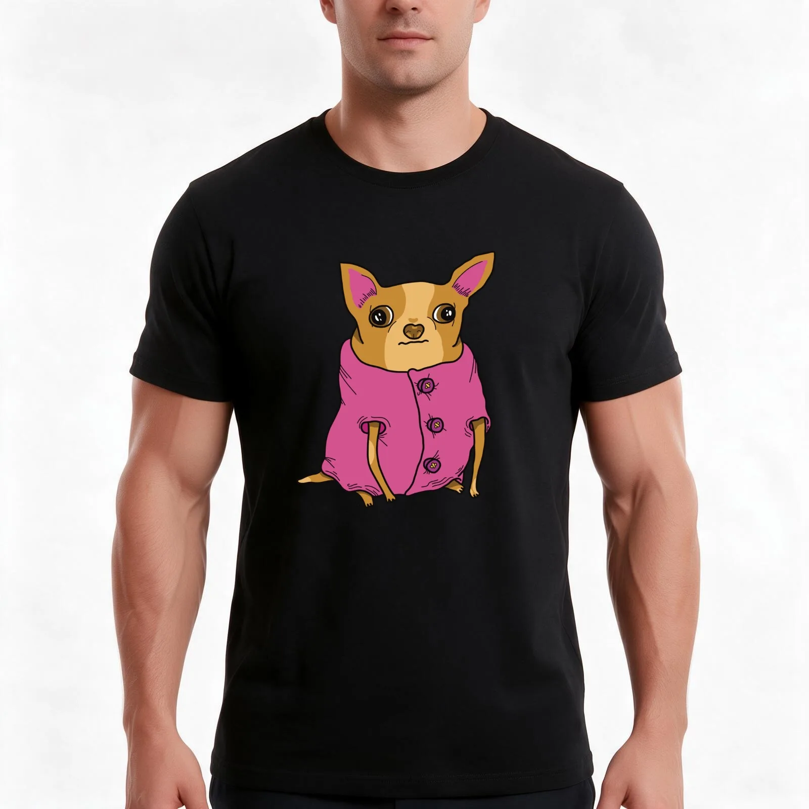 El pequeño Chihuahua tiene frío en invierno, así que le ponemos una camiseta nueva con un estampado divertido. Camiseta de algodón unisex, de manga corta, para uso casual.