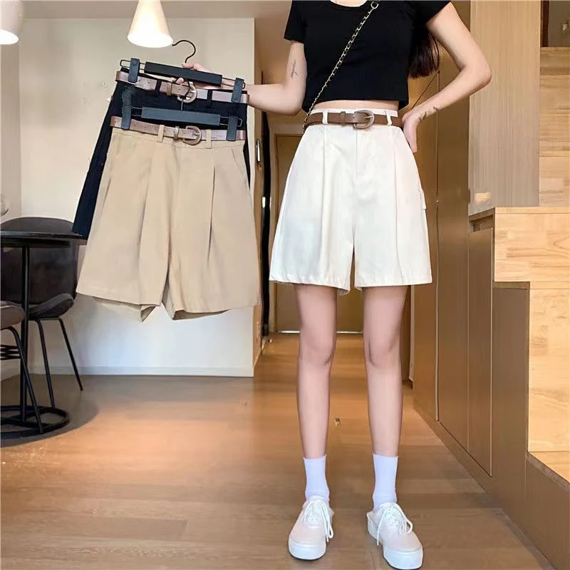 Summer Pure Cotton Shorts Women Korean Belt Black Wide Leg Suit Shorts S-3Xl Ladies Fashion Elegant White Baggy Short Pants New