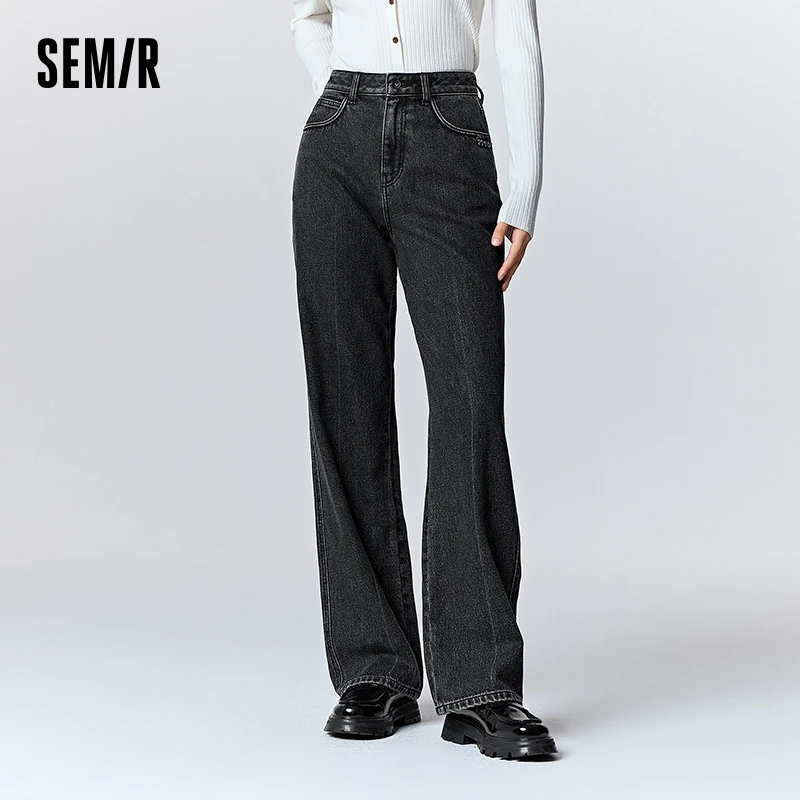 

Semir 2024 Jeans Women Slimming New Classical Floor Mopping Pants Light Blue Warm Trousers Women Fleece Wide Leg Pants