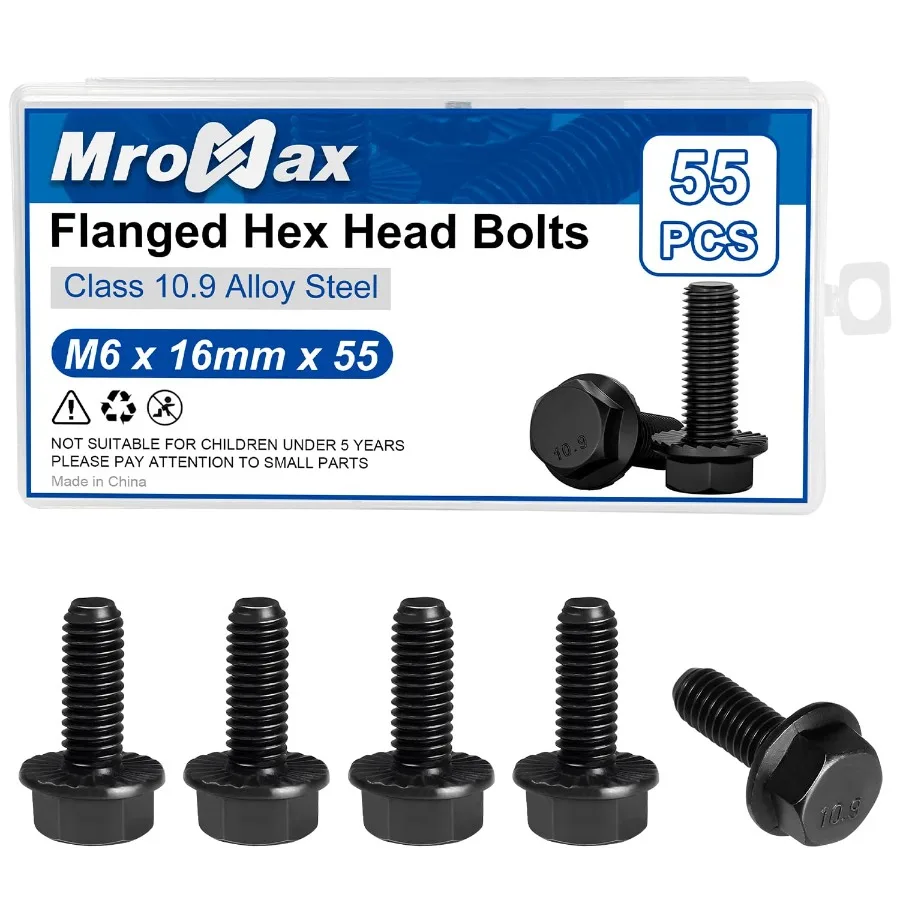

M61.0 x 16mm Flanged Hex Bolts 55Pcs Serrated Flange Bolt Class 10.9 Alloy Steel Black Oxide Coae Thread Fully Threaded Eerl F