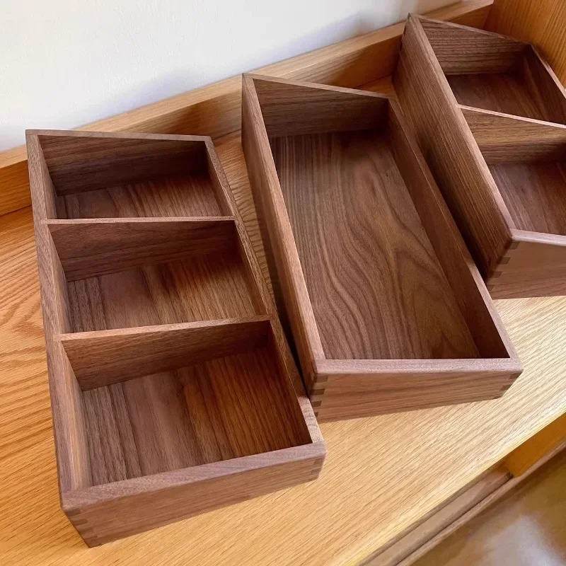 Slanted Divider Storage Box, Black Walnut and Cherry Wood Organizer Pure Solid Wood Dovetail Craft Box