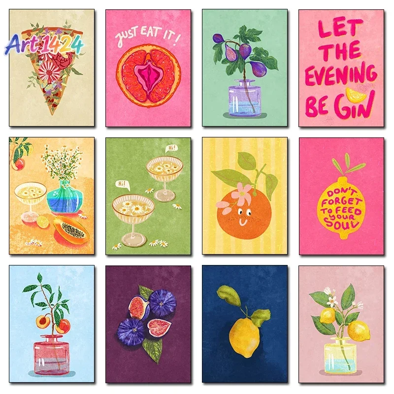 Just Eat It Illustration Wall Art Prints Food Drinks Posters Peach Tree In Vase Canvas Painting Home Decor Kitchen Art Unframed