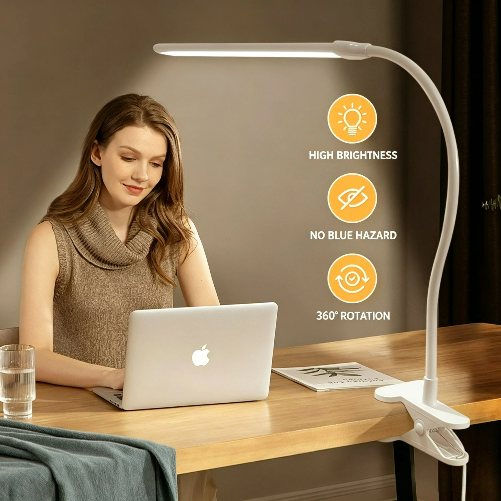 LED Desk Lamp with Metal Clip 10 Level Brightness Adjustment 3 Color Modes Flexible Gooseneck Reading Light for Home and Office