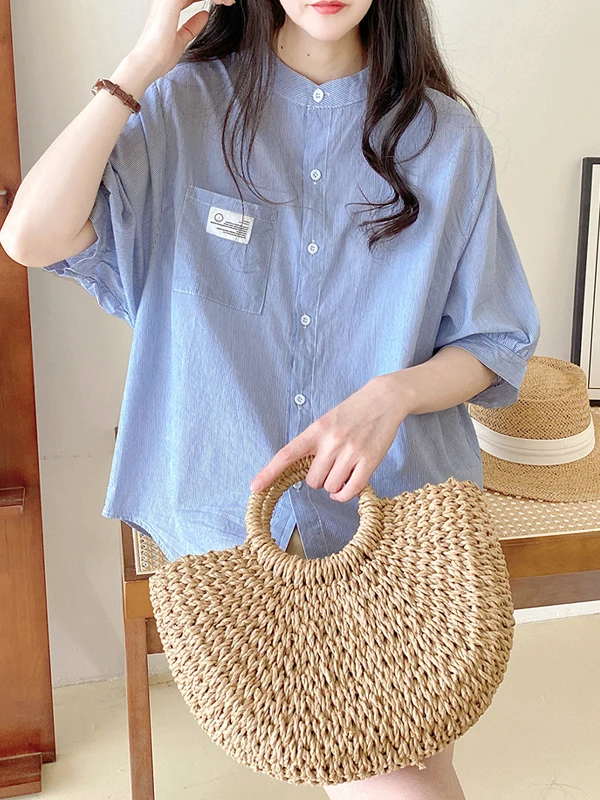 

Korean Sle Loose Women's irt Trendy Summer New Cotton Linen Stripe Casual ort Sve Ladies' Button up irt