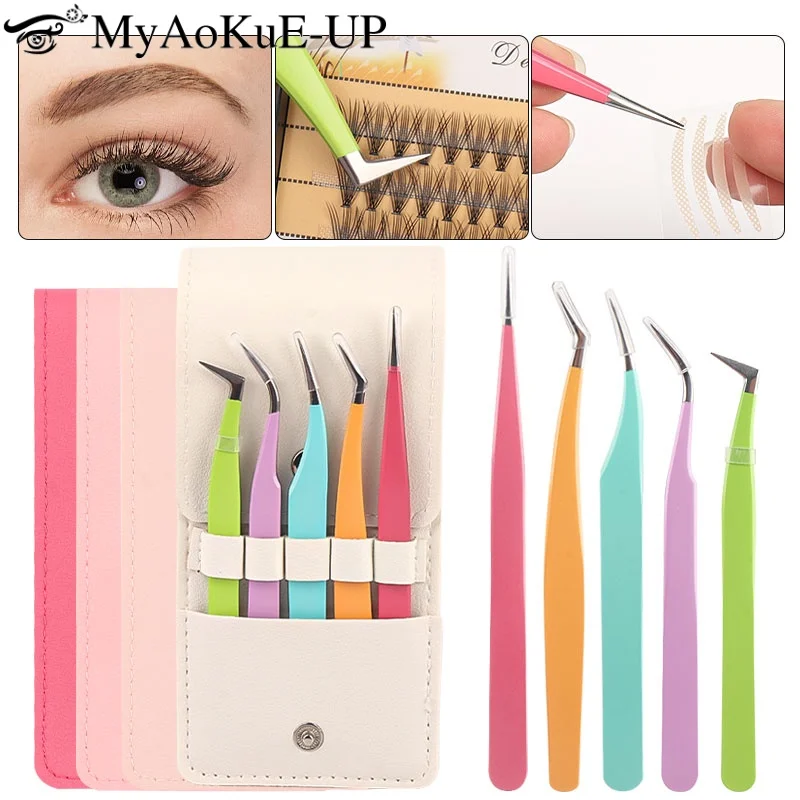 6pcs Eyelash Extension Set Kit Lash Lifting Tweezers And Leather Cover Makeup Tool 5pcs Eyebrow Clip Tweezers And 1pcs Clips Bag