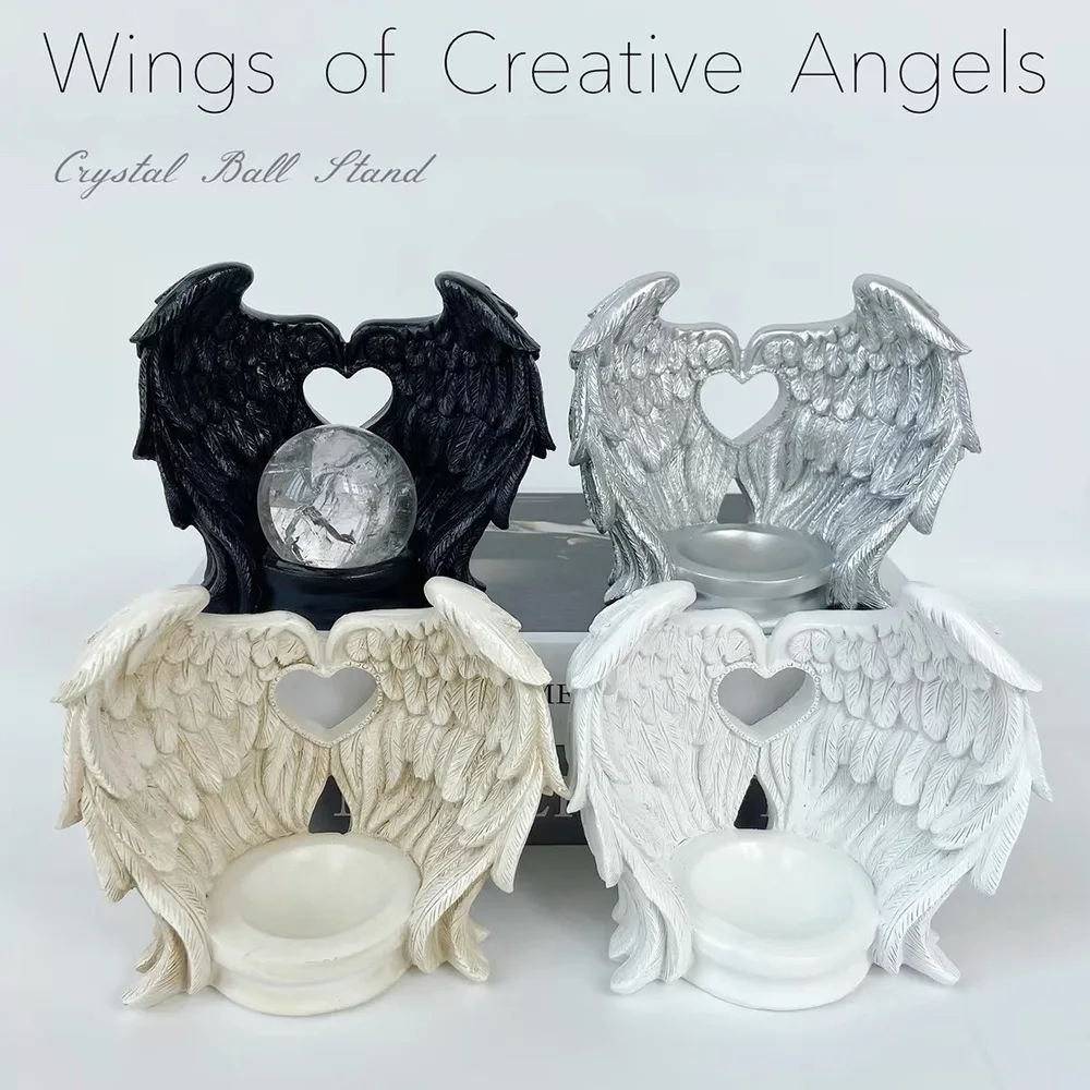 Angel Wings Heart Feather Crystal Ball Base Resin Statue for Home Decor Tabletop Display Stand Home Decor
