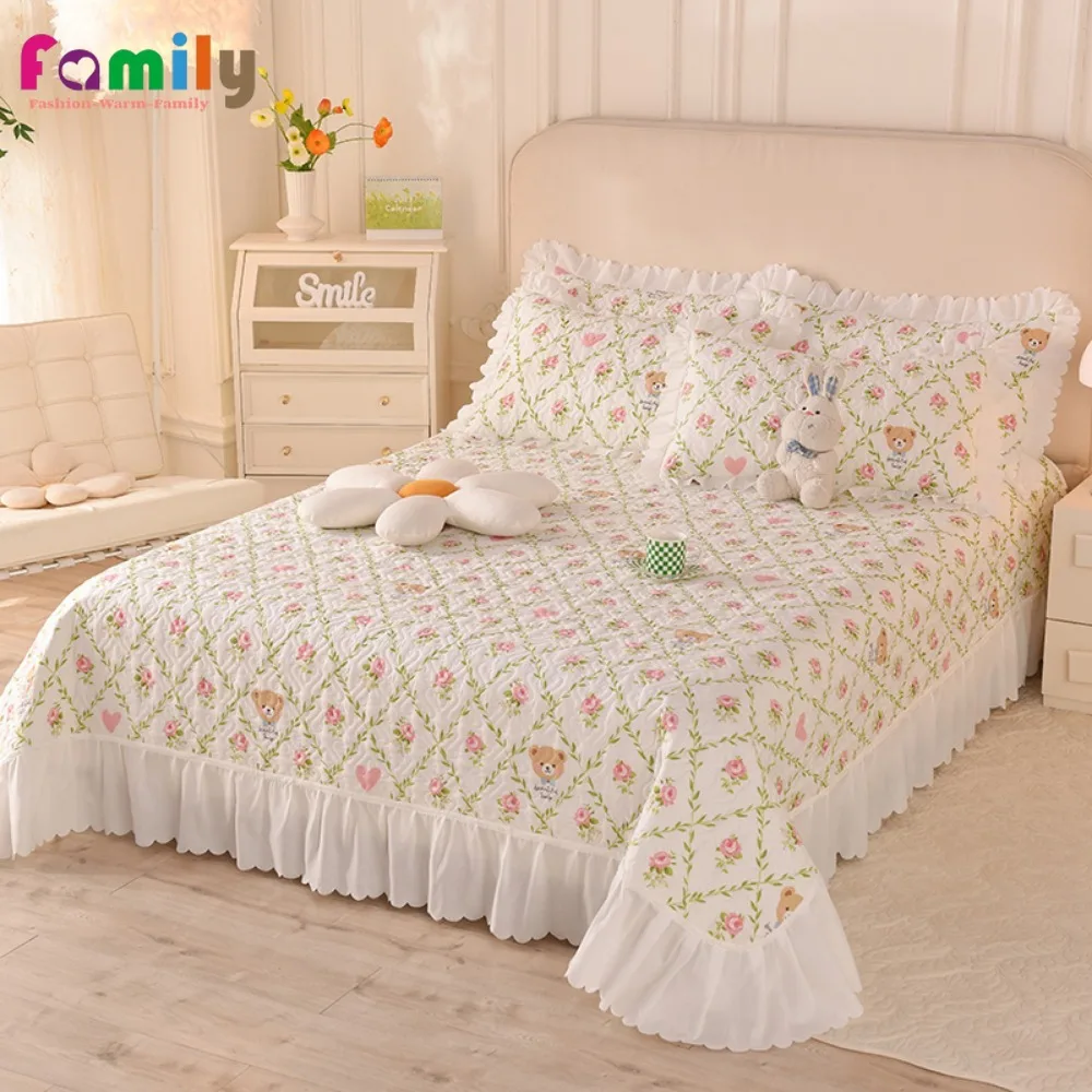 Washed Cotton Korean Lace Bed Cover Warm Soft Stretch Breathable Mattress Protector Anti-bacterial Bed Cover Queen King Size