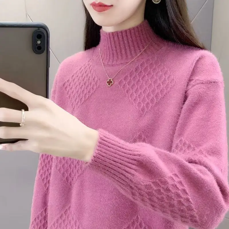 

2025 Women Pullovers Autumn Winter Sweater Long Sleeve Tops Clothes Slim Knit Soft Jumper Streetwear Button Turtleneck Sweater