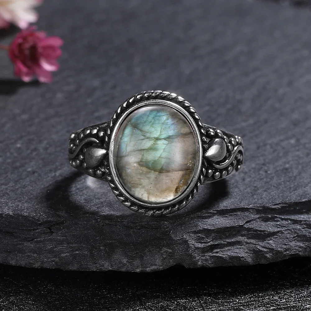 Silver Ring for Women Oval Round Natural Labradorite Ring Gift Sun Shaped Retro Luxury Fine Jewelry