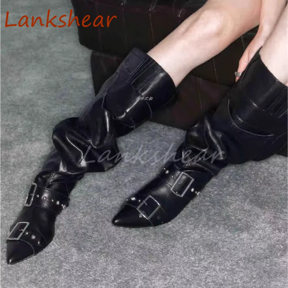 Spitze Zehen Gürtels chnalle Frauen Stiefel Mode Knie hoch Low Heel Nische Design Lack leder lässig sexy Frauen Schuhe Neuankömmlinge