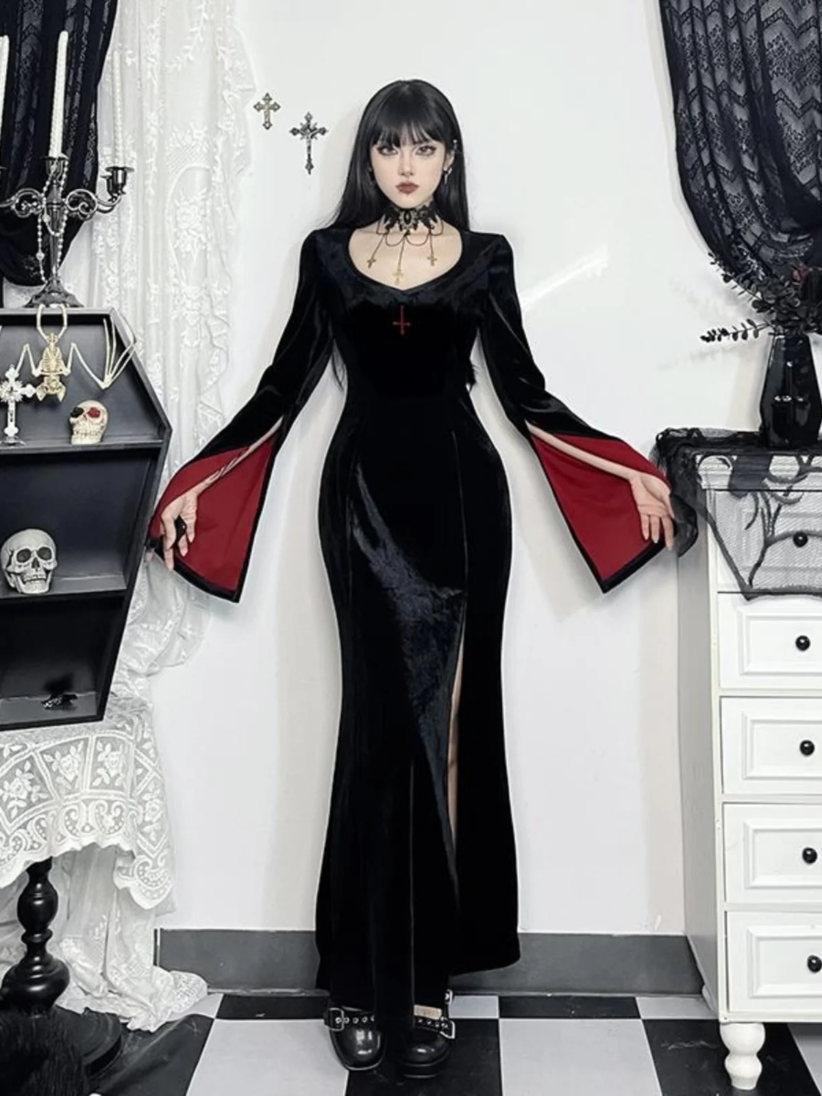 

All Saints' Day Medieval Gothic Black Red Sexy Vampire Fitted Dark Long Sleeve Dress Side-slit Cross Hallowmas Full Dress