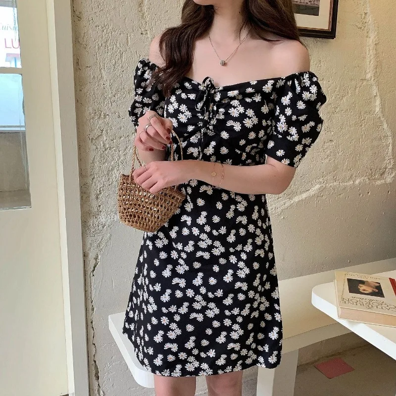 Women Chiffon Mini Dresses Summer Fashion Flower Print Vestidos Boho Skinny Puffy Sleeve Casual Dress Bohemian Vestidos Платье