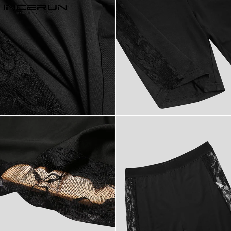 Summer Men Sleep Shorts Lace Mesh Patchwork See Through Cozy Sexy Shorts Homewear 2024 Fitness Men Sleep Bottoms INCERUN S-5XL