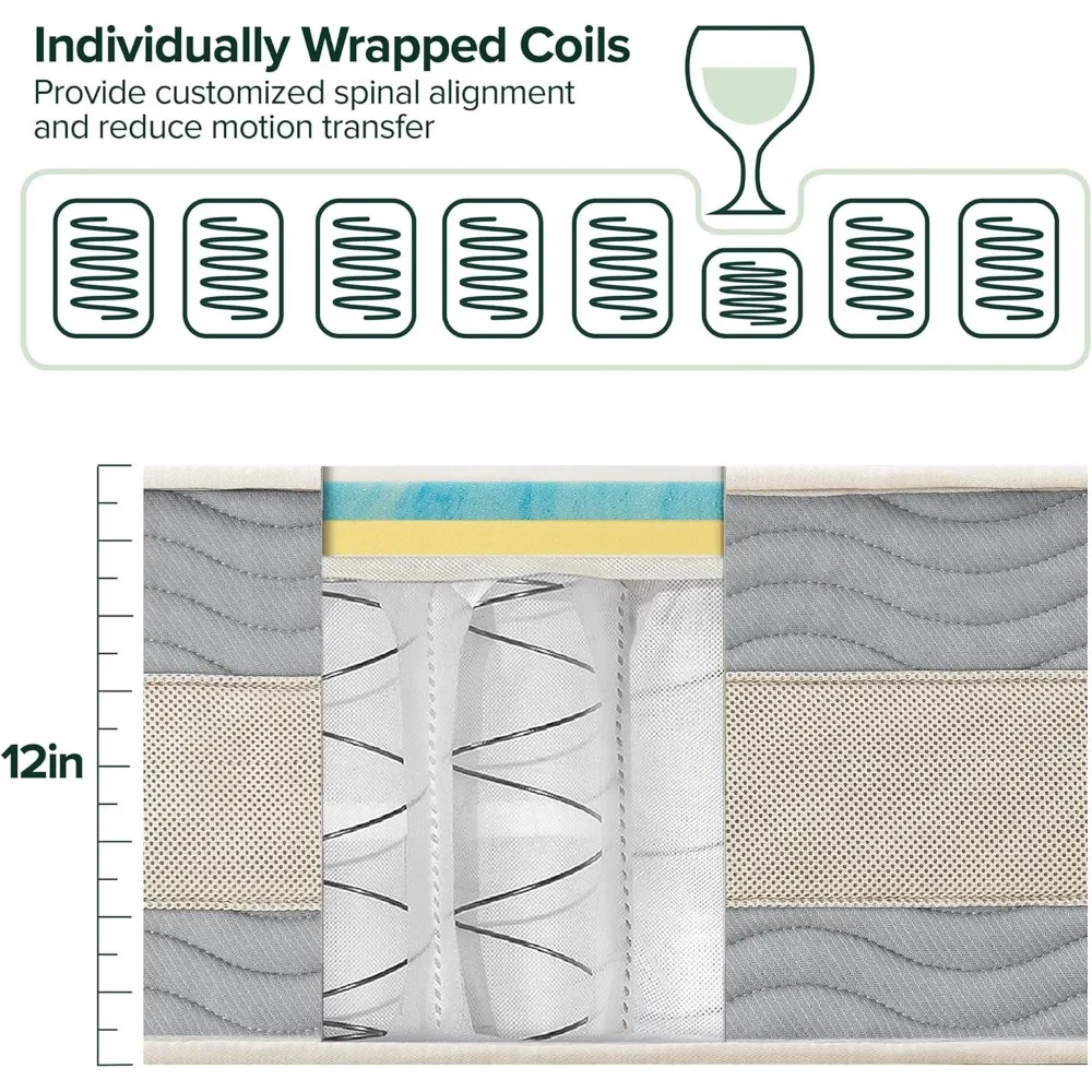 Koelcomfort Ondersteuning Hybride Matras [Nieuwe Versie], Koningin, Glasvezelvrij, Medium Pluche, Koelende Bewegingsisolatie