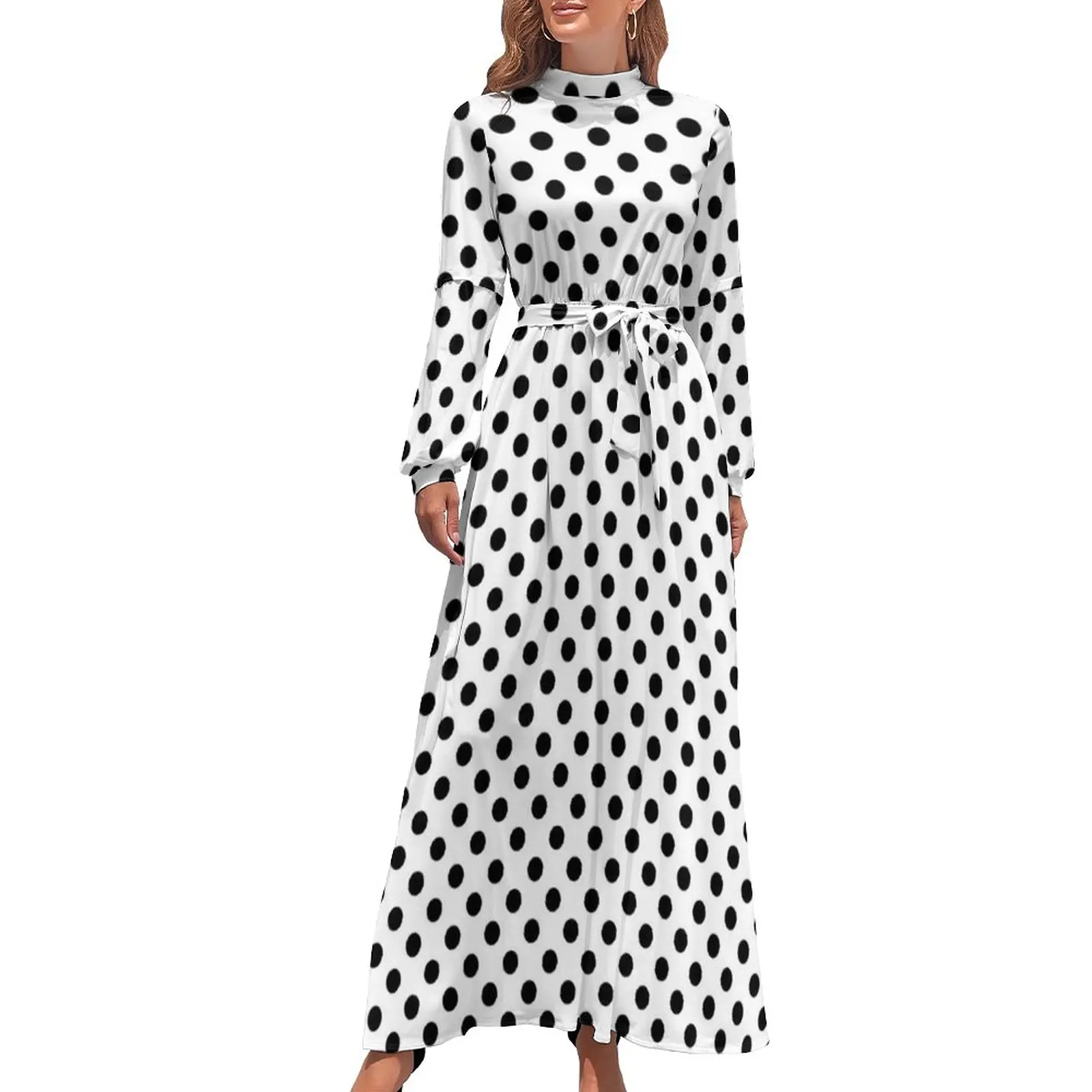 

Black Polka Dots Dress Long Sleeve Polka Dot Circles Art Modern Maxi Dress High Neck Street Wear Print Bohemia Long Dresses Gift