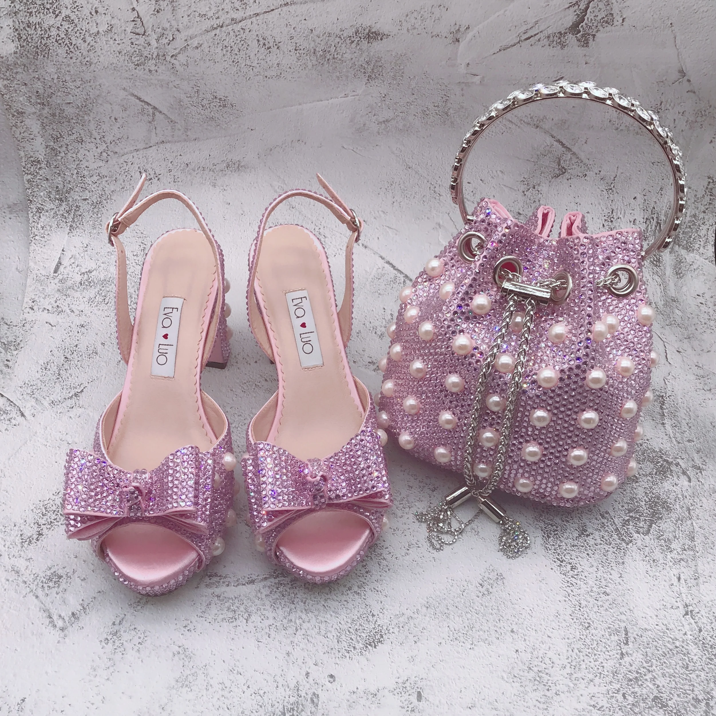 BS1672  Custom Handmade Women Shoes Bridal Wedding Shoes Slingback Light Pink Pearl Stones Shoes With Matching Bag Set