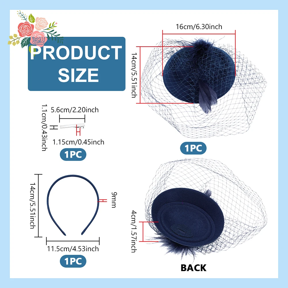 Wedding EVA & Feather Hat Hair Clips and Hair Bands for Women Midnight Blue 140x115~160x9~40mm