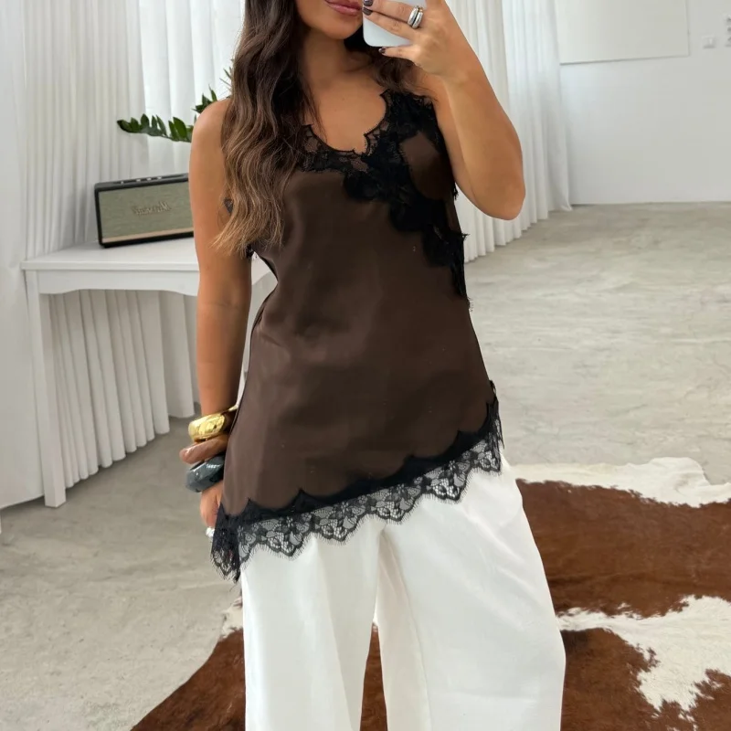Eleganckie satynowe topy damskie z koronkowym wykończeniem, asymetryczne codzienne kamizelki, letnia moda, topy bez rękawów, odzież uliczna.