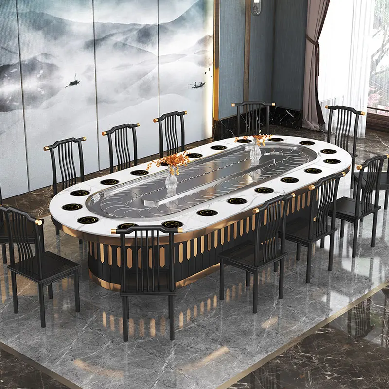 

Простой светлый роскошный овальный электрический обеденный стол из каменной плиты, вилла, клубный дом, прямоугольный ресторан, вращающийся длинный стол с горячим горшком