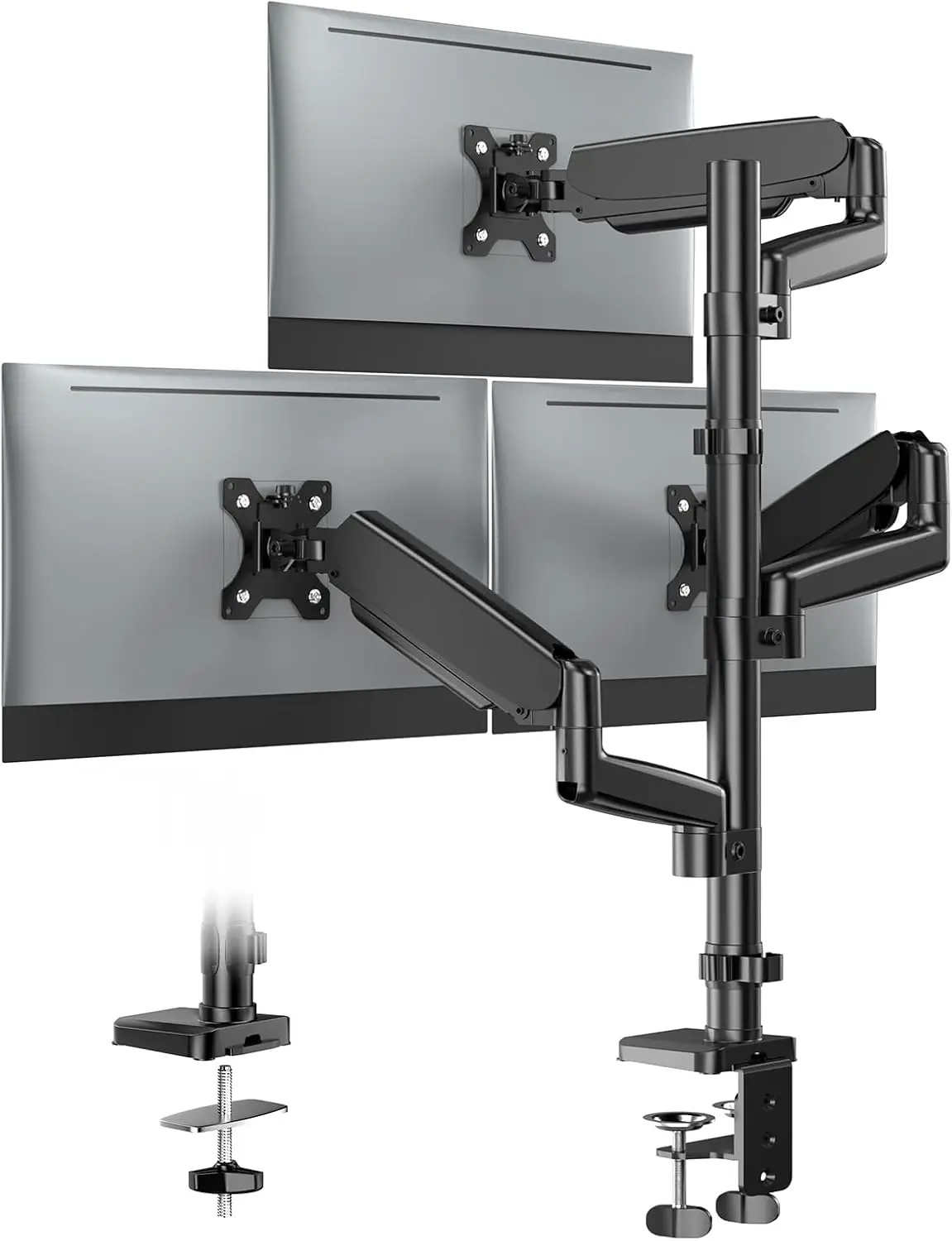 Triple Monitor Mount for 13-32" Screens, Gas Spring Adjustment, Holds 17.6lbs per Arm, Tilt Swivel Rotation, Clamp & Grommet Kit, Max VESA 100x100mm