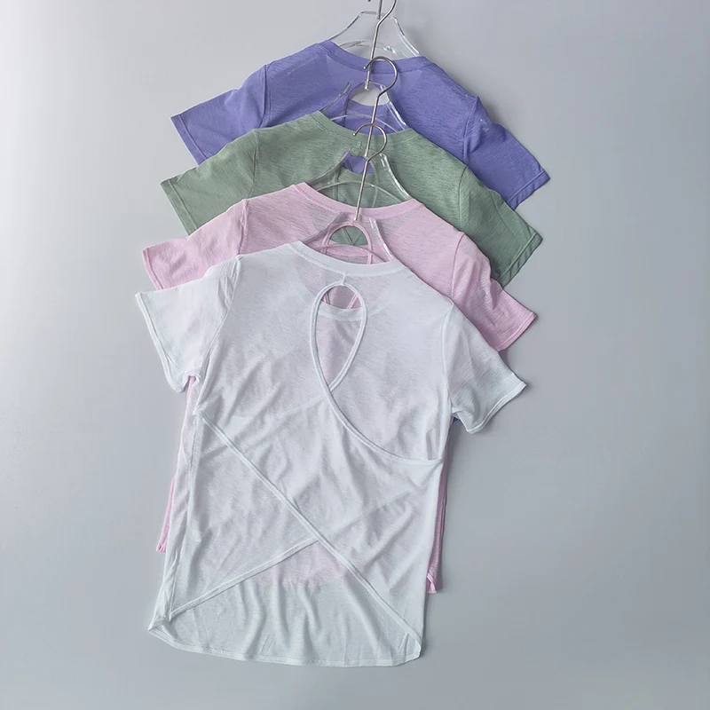 Yoga-Kleidung Damen-Bluse Kurzärmeliges Hohlkreuz Dünnes Netz Schöner Rücken Oberteil Schlankes Fitness-Sport-Top – Detail 14
