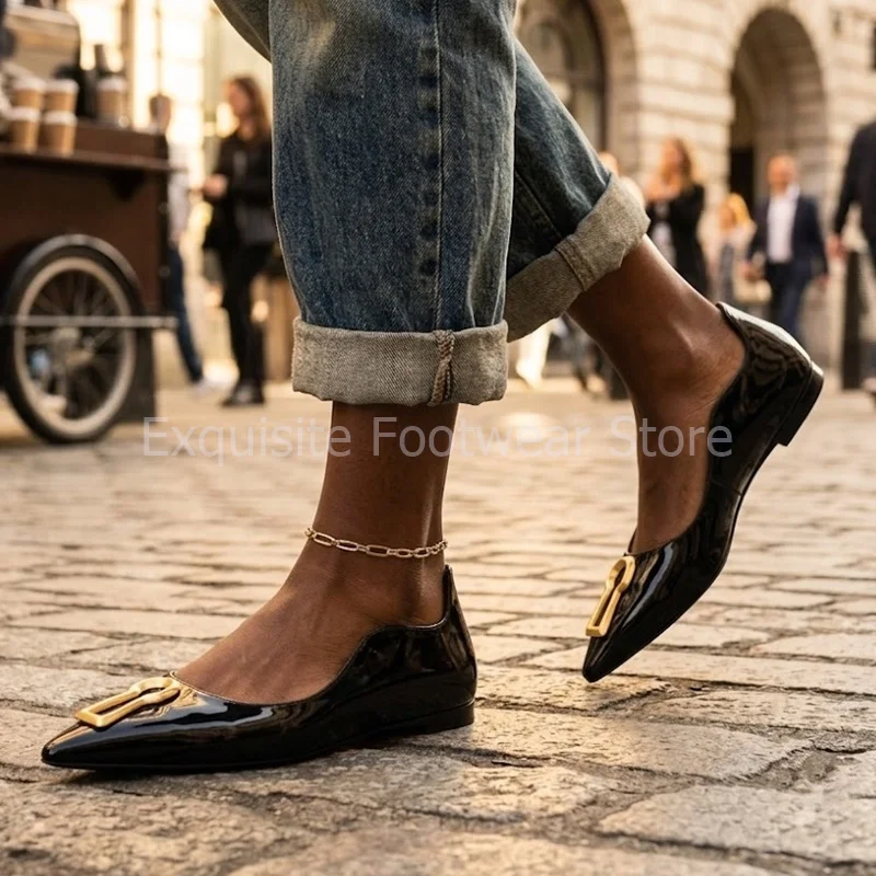 Zapatos planos de charol con punta, para mujer, con hebilla dorada y recortes ondulados, estilo bailarina, sin cordones, para oficina, vestir, caminar, mocasines, zapatos individuales