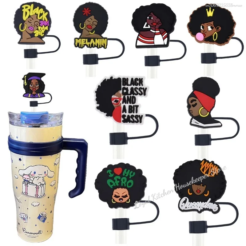 Stanley Cup Compatible Straw Lids, Reusable Straw Lids, Black Girl Straw cap, 10mm, 30oz 40oz, Water Bottle Cup Accessories