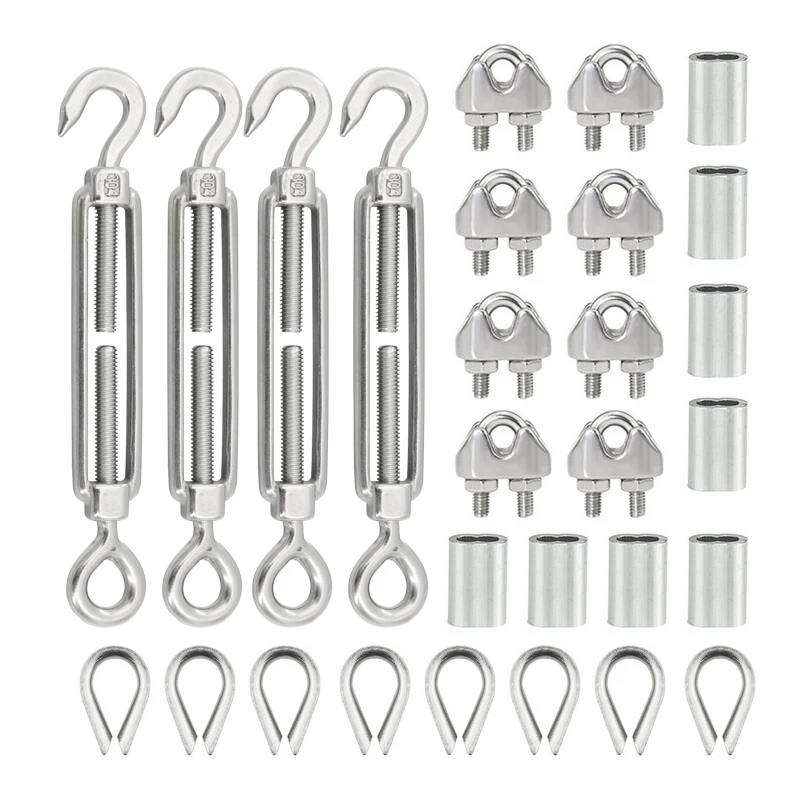 304 Stainless Steel Turnbuckle M5 Wire Rope Tension Tensioner Strainer and M3 Wire Rope Clips for 3MM Cable Railing Kit