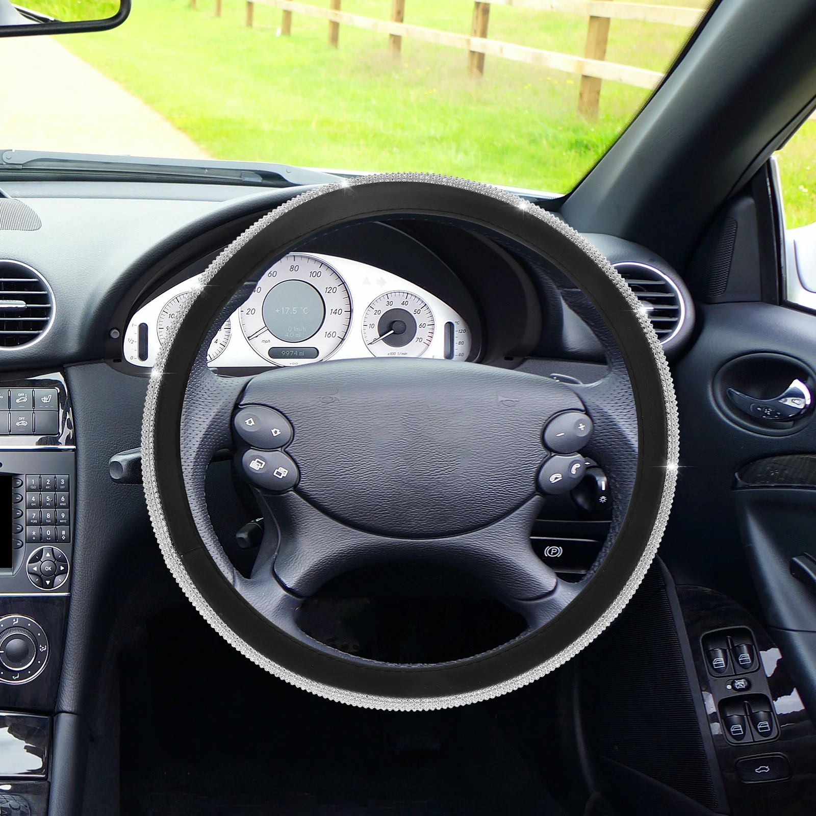 

PU Car Steering Wheel Cover Rhinestone Anti-Slip Durable Cover for Stylish Car Interior Steering Wheel Covers for Women