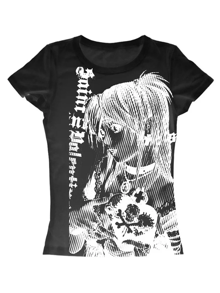 المرأة الجديدة Y2k أنيمي الشارع ارتداء س الرقبة 90s النص قميص مطبوع Harajuku ملابس نسائية بسيطة الرجعية Umbilized تي شيرت الجمالية ايمو