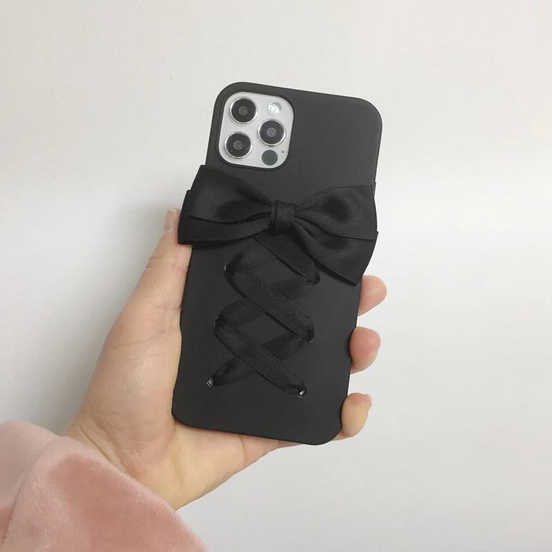 Sweet Girl Lolita Black Bowknot Case for I15 16 Pro Max Soft Phone Case Handmade Women Phone Covers for IPhone 11 12 13 14
