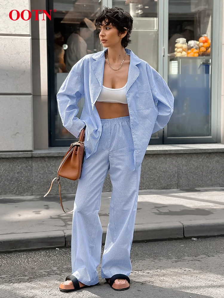 

OOTN Casual Blue Striped Long Pants Sets Women 2 Pieces Fashion Long Sleeve Pockets Shirts Streetwears Wide Leg Pants Suits Lady