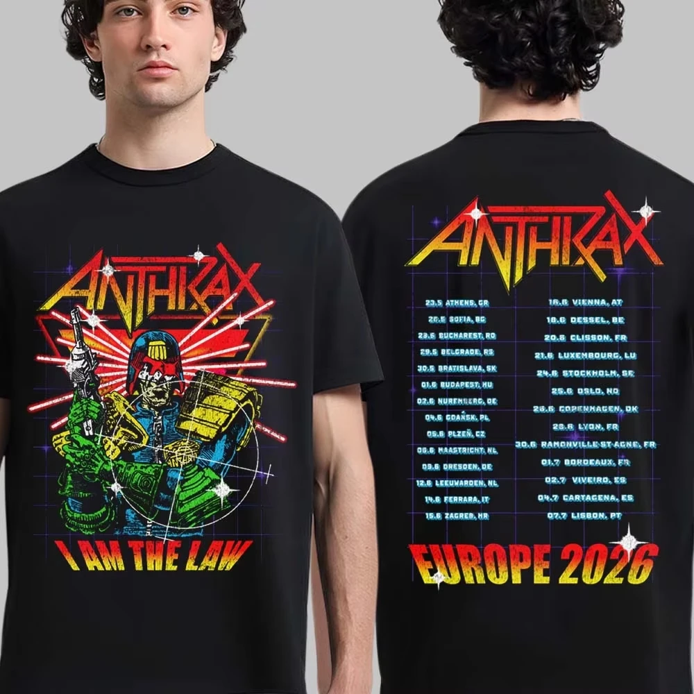 Anthrax Europe 2026 Tour Merch I Am The Law Cyber Judge Nouveau T-shirt en pur coton pour hommes et femmes, T-shirts décontractés pour fans Y2k