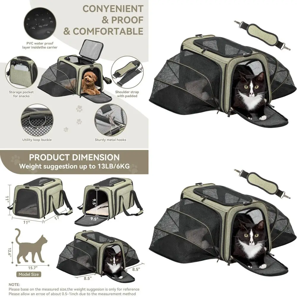 

Airline-Approved Expandable Pet Carrier, 17L x 11W x 11H, Soft-Sided Travel Bag for Cats & Dogs, Removable Mat & Pockets, Auto-L