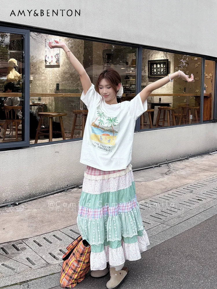 

Летняя новинка: Женская длинная юбка с высокой талией в стиле лесной пасторали, зеленая, с цветочным принтом, клетчатым узором и кружевными вставками, свободного кроя