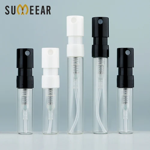 100/200 Uds 1ml 2ml botellas de vidrio de bayoneta para Perfume en aerosol muestra de fragancia botella de prueba de Perfume blanco y negro logotipo impreso paga Extra