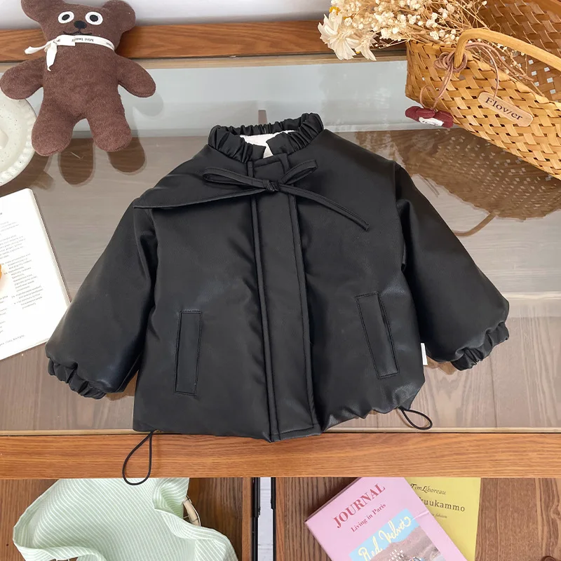 

Kids Baby Girls Leather Jacket Winter Thicken Warm Toddler Girls Black Parkas Versatile Infant Girls Quilted Outerwear Coat