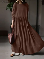 Jesienna damska Sundress ZANZEA 2023 Vintage sukienki w jednolitym kolorze damska bawełniana szata casualowa z długim rękawem plisowana Maxi Vestidos Kaftan