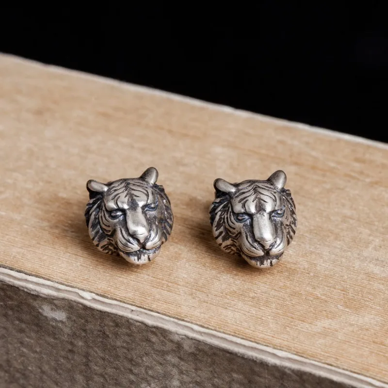 DarkDream Single S925 Sterling Silver Tiger Head Stud Earring, Retro Punk 3D Tiger Ear Jewelry for Men Women