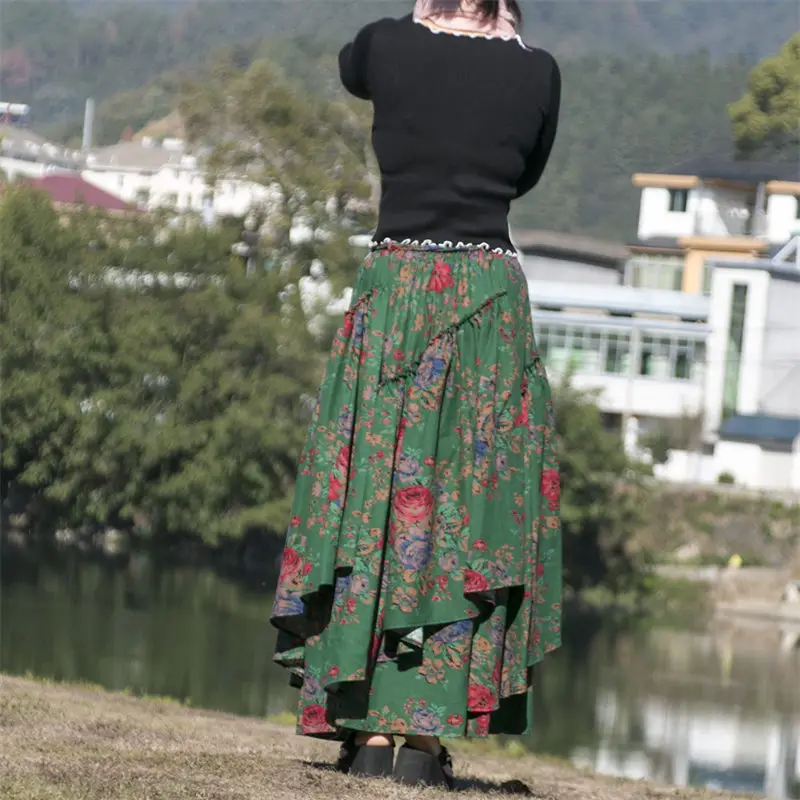 Autumn Winter Floral Skirt 2022 New Women's Retro Printed Cotton Linen Skirt Elastic Waist Dark Green Faldas Largas Mujer T1084