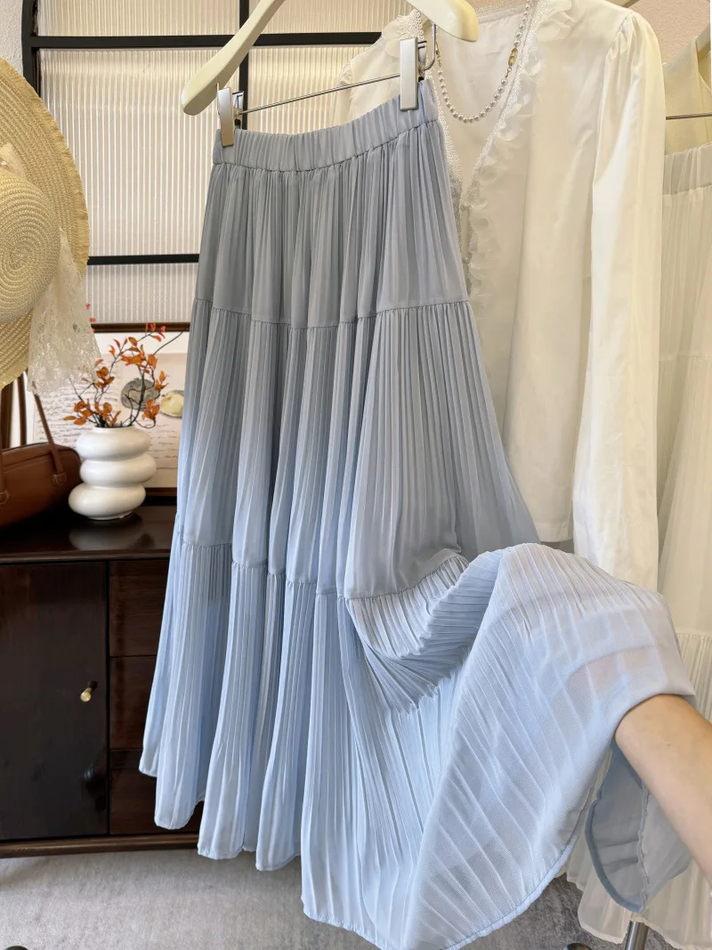 新しいシフォンスイングスカート春夏Aラインスカート女性服ソリッド弾性ウエストルーズプリーツケーキスカート