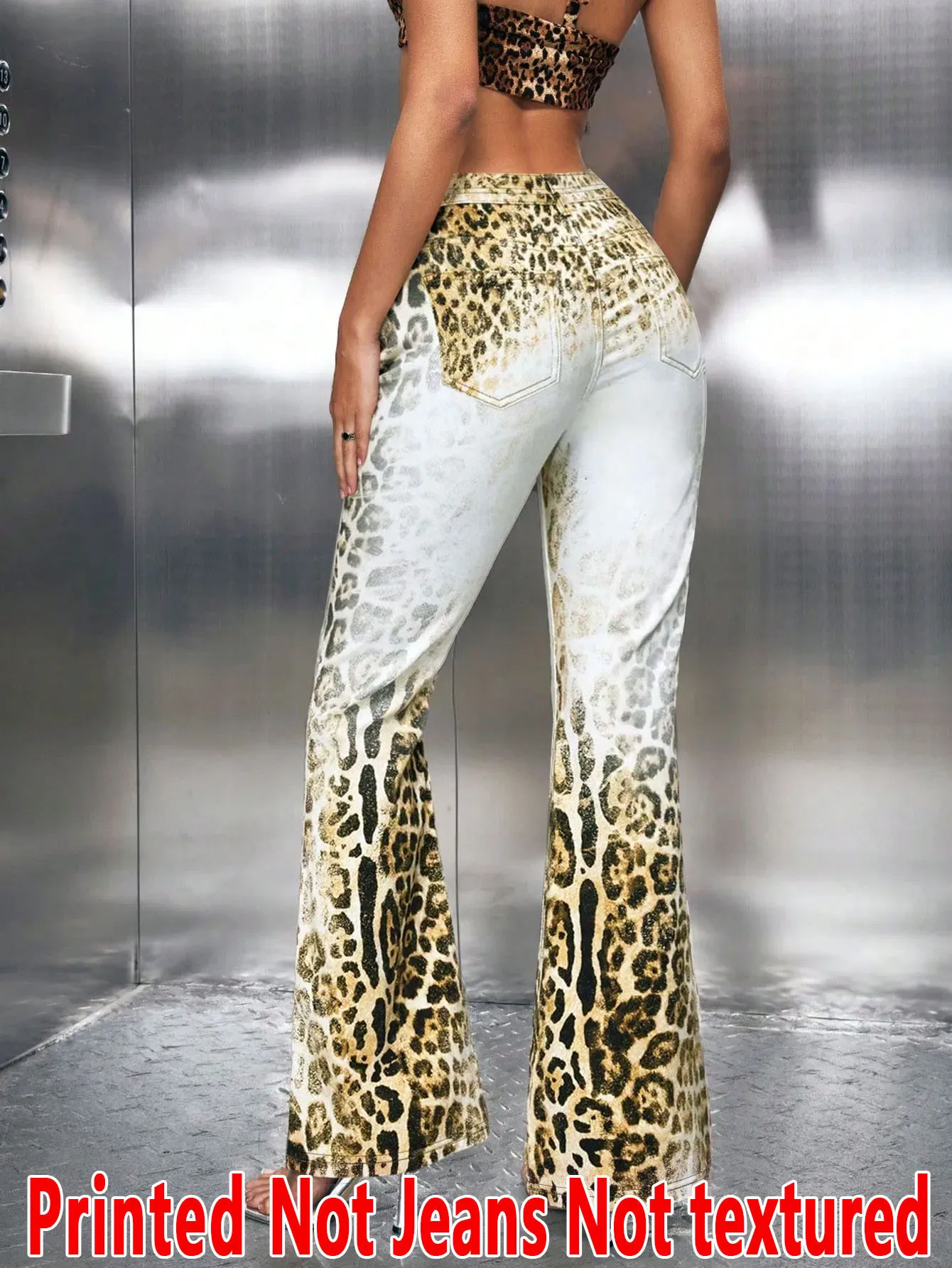 8448 Women's Non-Leather Denim Print Tight Bell Bottoms - Texture-Free Ladies Flared Pants Spring Summer Autumn Winter Wear