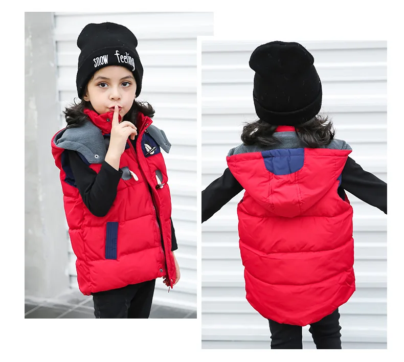 

Милый детский стеганый жилет, повседневная куртка без рукавов со съемным капюшоном контрастного цвета, модная детская теплая верхняя одежда для мальчиков и девочек