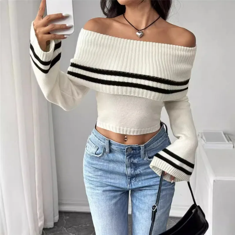 New Fashion Women's Slash Neck Exposed Navel Sweater Temperament Commuting Female Casual Flared Sleeve Crop Knitted Top Pullover