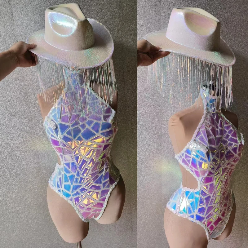 Mirrors Sequins Bodsyuit Laser Hat Women Party Gogo Dance Costumes Jazz Dance Clothing Nightclub Dj Ds Stage Rave Outfit XS7135