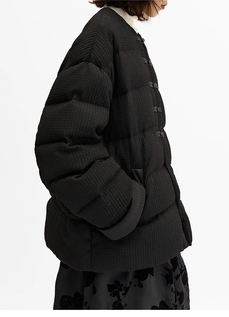 Women's New Chinese Style Goose Down Jacket with Button Detail, 2026 New Model, Made of Real Silk Guanle Crepe Fabric